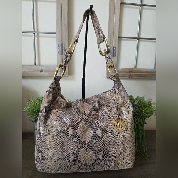 Michael Kors Leather Snakeskin Embossed Hobo Bag With Gold MK Charm - Picture 7 of 12